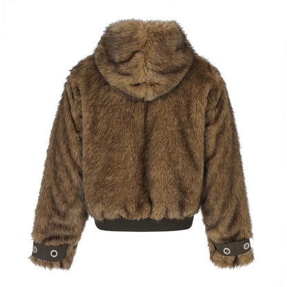 Ladies short cut hooded bomber jacket made of faux fur with ribbed cuffs and two-way zipper EVA-US