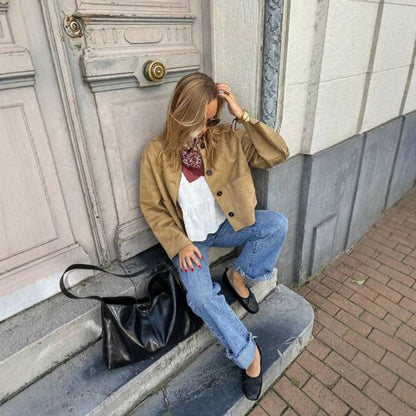 Women Short Suede Jacket in Clean-Cut with Patch Pockets EVA-US