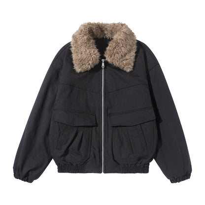 Women's short jacket with voluminous faux fur collar, kangaroo pockets, and elastic hem EVA-US