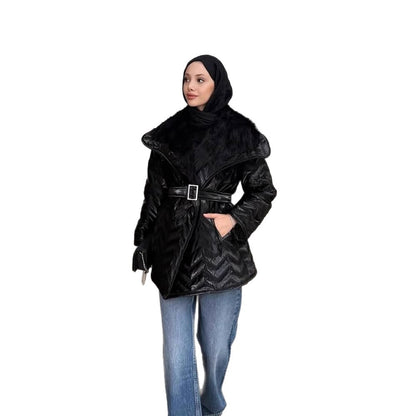 Ladies Shiny Padded Jacket with Waist Belt and Voluminous Faux Fur Collar EVA-US