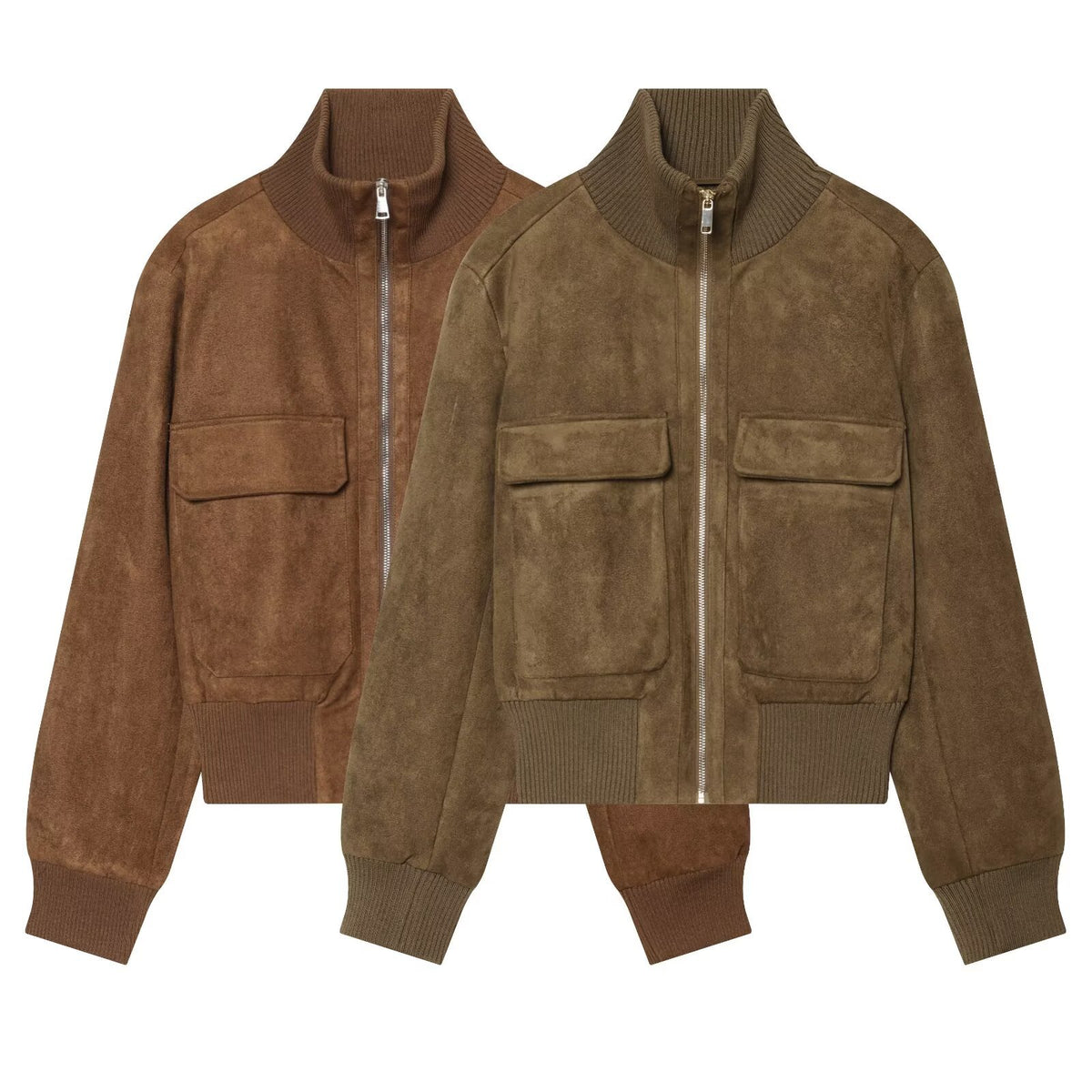 Women's suede look bomber jacket with ribbed collar and patch pockets EVA-US