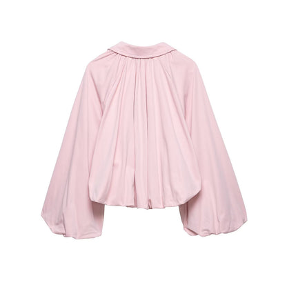 Women's short cut blouson jacket with wide balloon sleeves, zipper, and elastic hem EVA-US