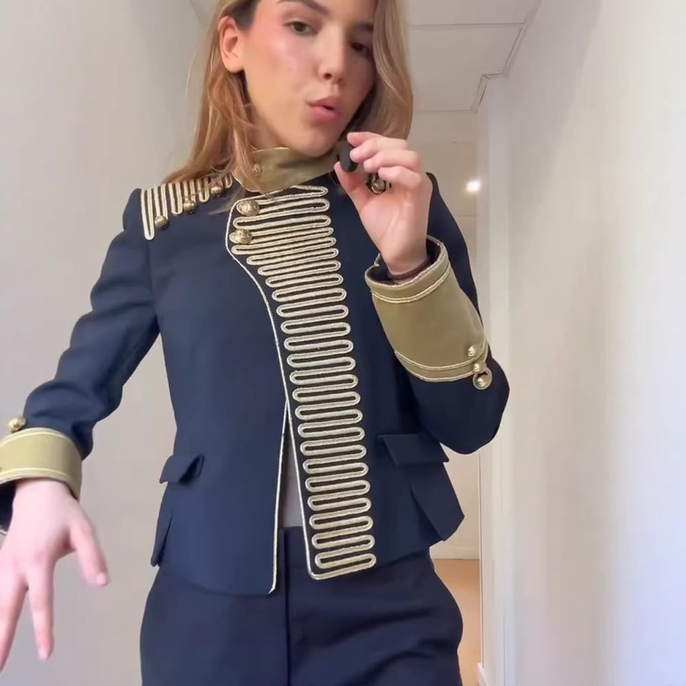 Women’s military-inspired short jacket with golden braid trim and standing collar EVA-US