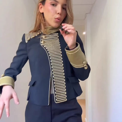 Women’s military-inspired short jacket with golden braid trim and standing collar EVA-US