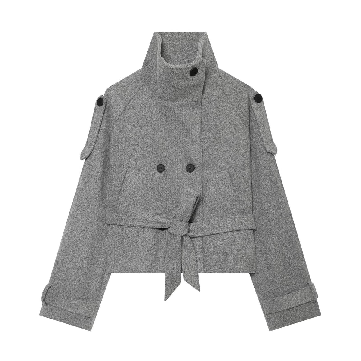 Women Short Wool Blend Cape Jacket with Waist Belt and Funnel Collar EVA-US