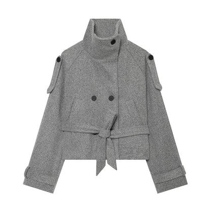Women Short Wool Blend Cape Jacket with Waist Belt and Funnel Collar EVA-US