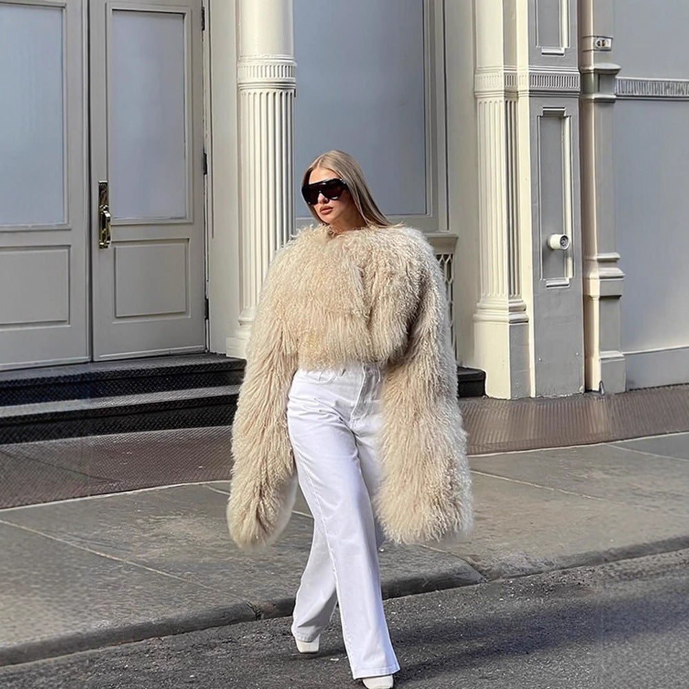 Women Extravagant Oversize Faux Fur Coat with Long Pile Curl Structure EVA-US