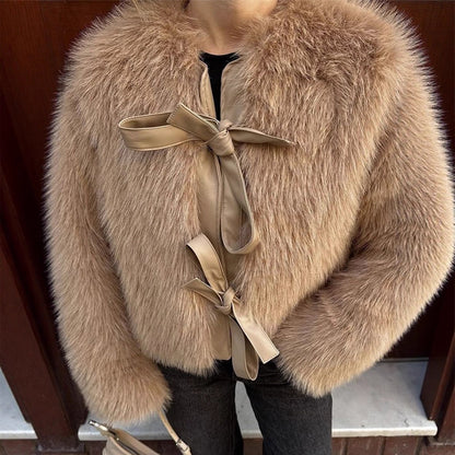 Women's Short Cut Faux Fur Coat with Decorative Ribbons and Boxy Silhouette EVA-US