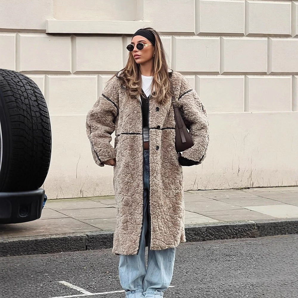 Women's Long Teddy Coat with Contrast Seams, Stand Collar and Button Placket EVA-US