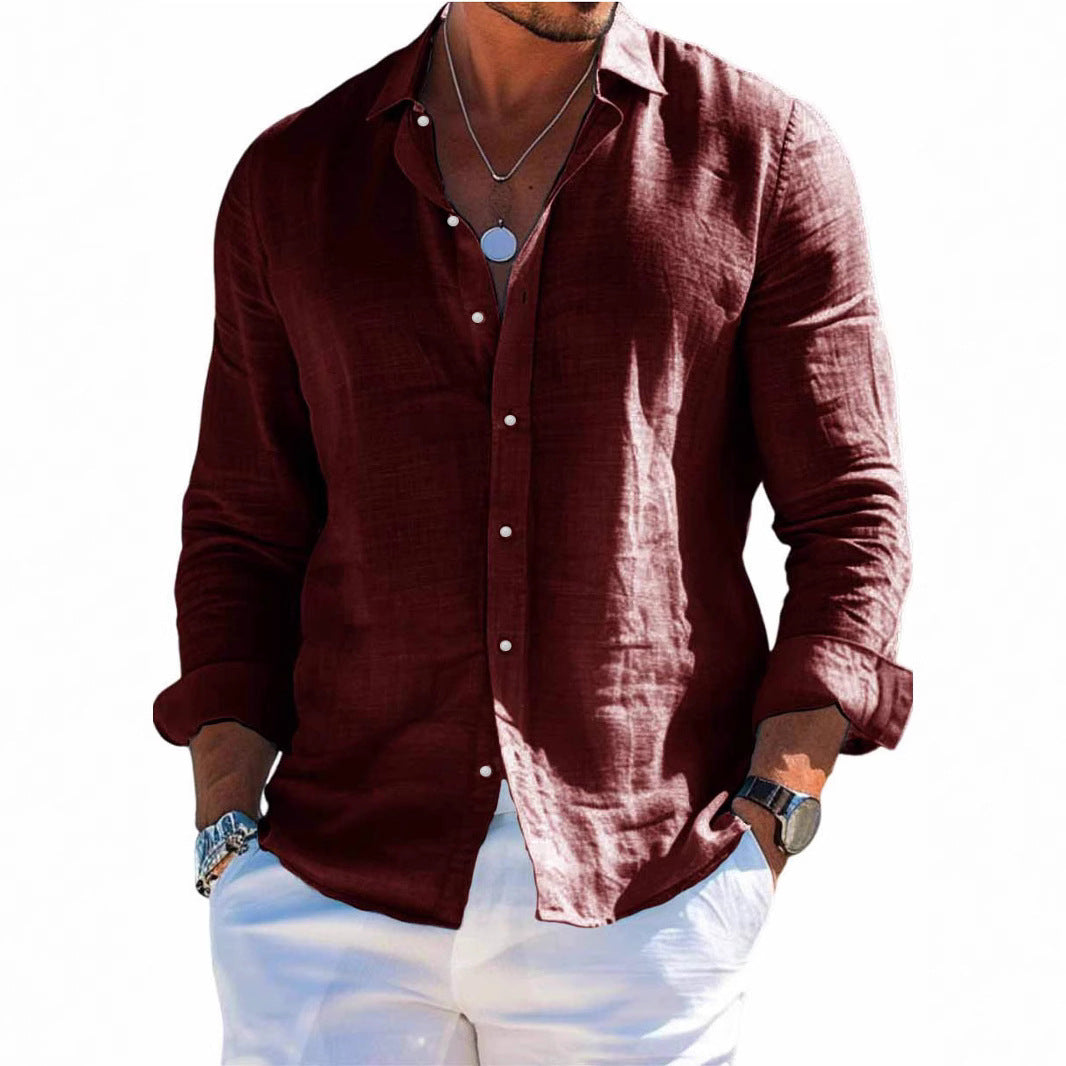 Men's textured linen shirt with open collar, lightweight texture, and casual-tailored fit EVA-US