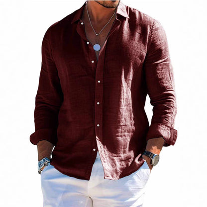Men's textured linen shirt with open collar, lightweight texture, and casual-tailored fit EVA-US