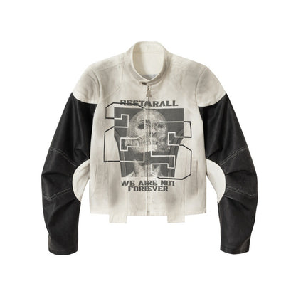 Unisex Short Cut Boxy Biker Jacket in Vintage Leather Look with Graphic Skull Print and Stand-up Collar EVA-US