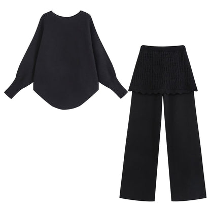 Ladies Two-Piece Knit Set with Oversized Sweater, Lace Pattern Mini Skirt and Wide Palazzo Pants EVA-US