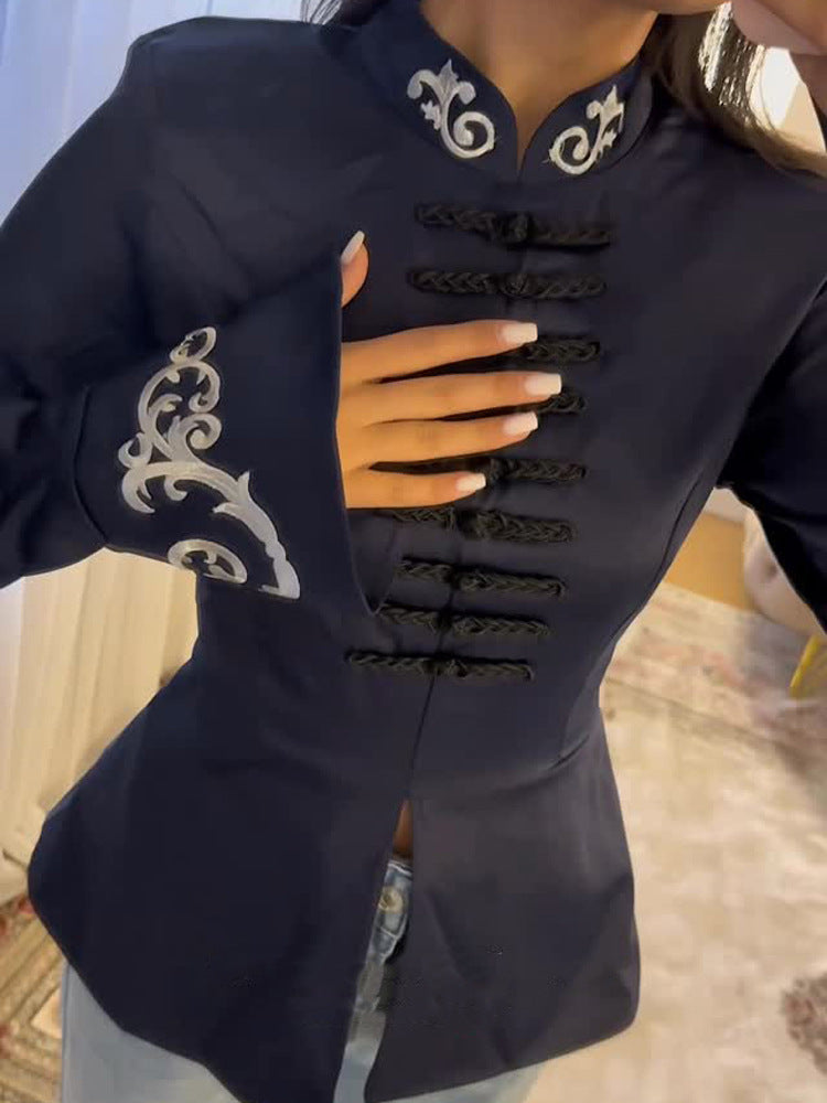 Women Tailored Satin Jacket with Mandarin Collar, decorative cord fastenings and embroidered cuffs EVA-US