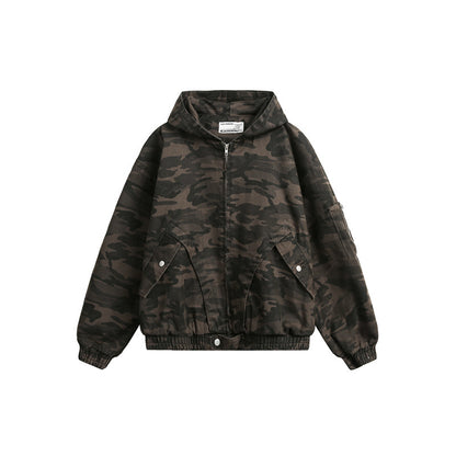 Men's Camouflage Boxy Field Jacket with Hood, Utility Pockets and Elastic Hem EVA-US