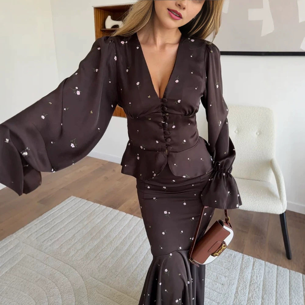Women Two-Piece Satin Set with Fitted Button Top and Mermaid Skirt EVA-US