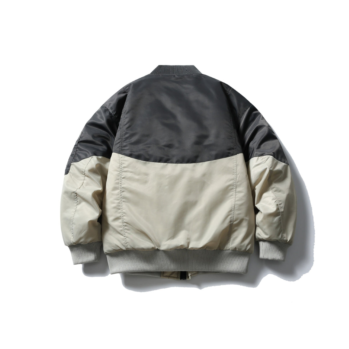 Unisex Short Cut Two-Tone Nylon Bomber Jacket with Utility Flap Pockets and Sleeve Zipper EVA-US