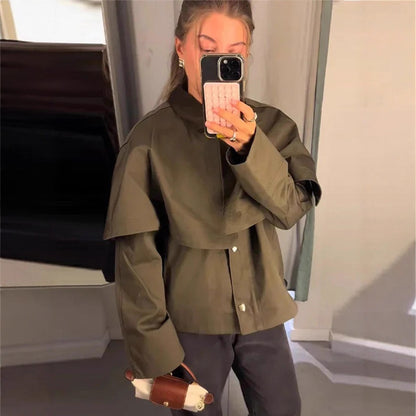 Women's Short Trench Coat with Cape Overlay and Oversized Sleeves EVA-US