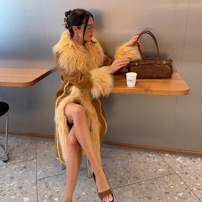 Women Long Shearling Imitation Coat with Voluminous Shawl Collar and Plush Cuffs EVA-US
