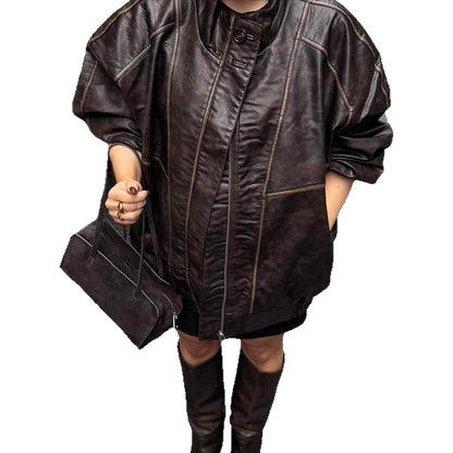 Ladies Oversize Faux Leather Coat with Distinctive Decorative Seams and Stand-Up Collar EVA-US