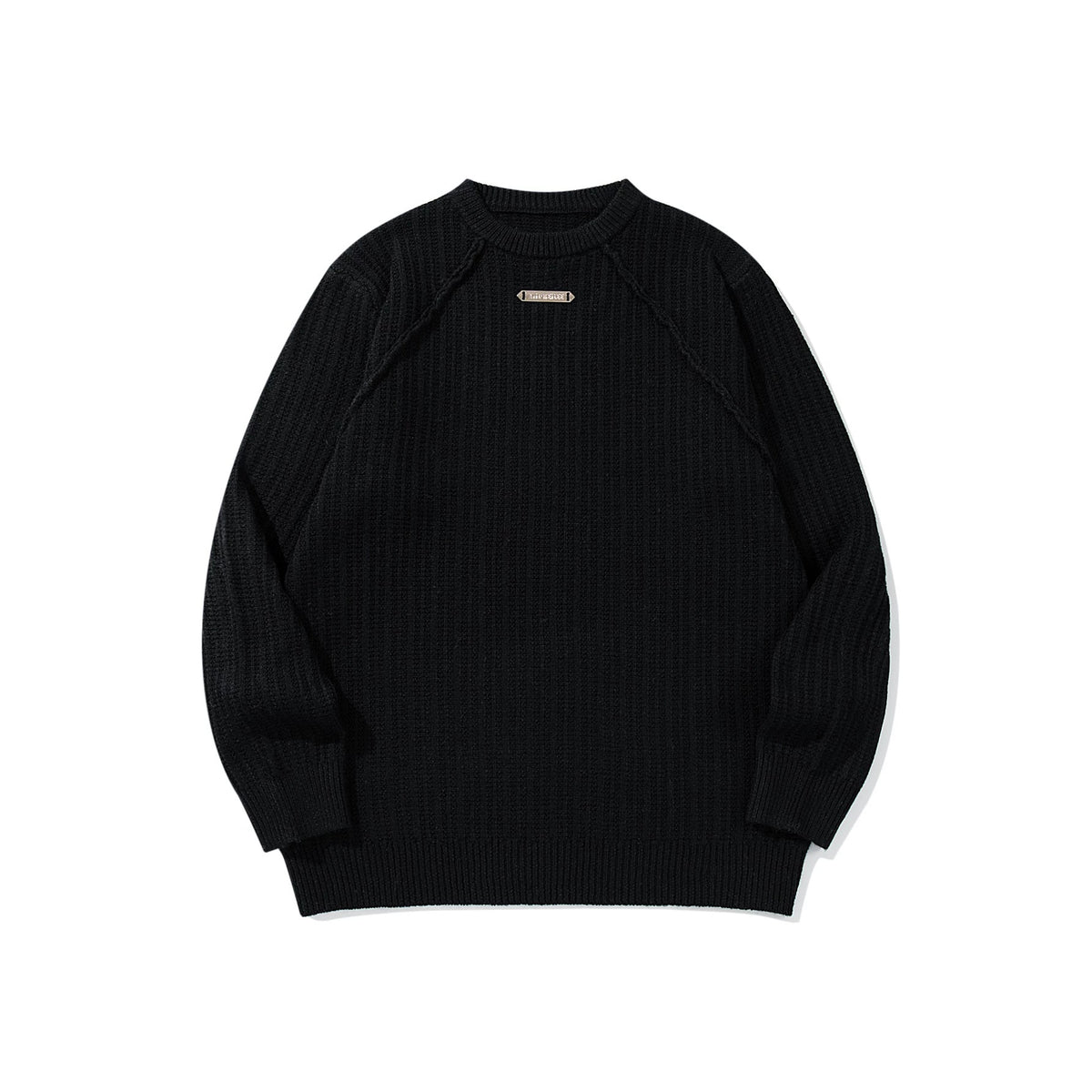 Unisex Structured Waffle Knit Crew Neck Sweater with Raglan Sleeves and Metal Logo EVA-US