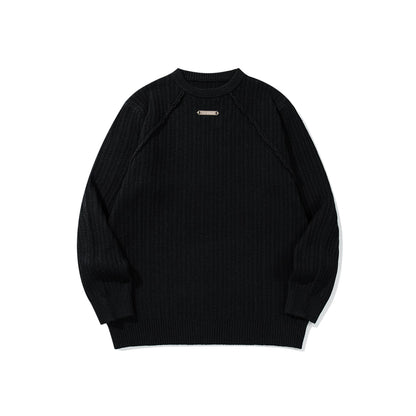 Unisex Structured Waffle Knit Crew Neck Sweater with Raglan Sleeves and Metal Logo EVA-US