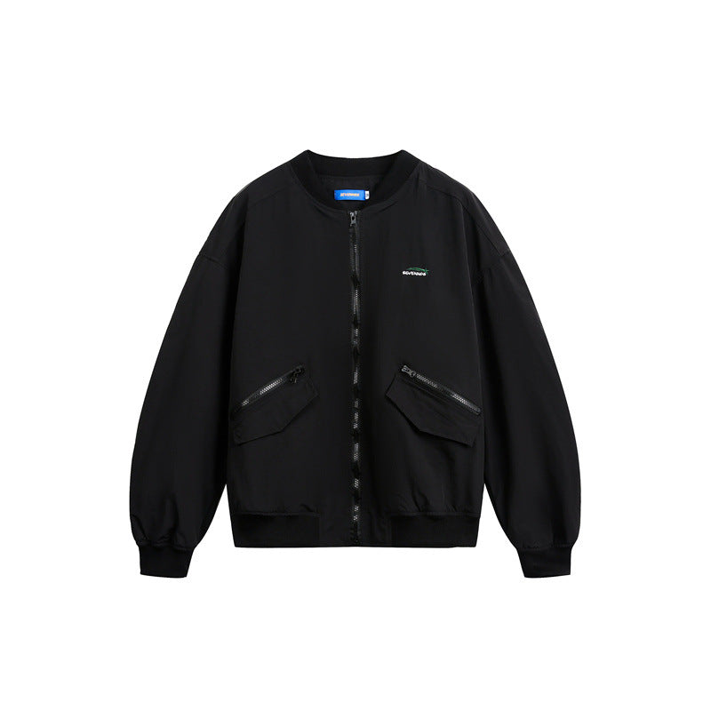 Unisex short cut lightweight nylon bomber jacket with utility pockets and ribbed hem EVA-US
