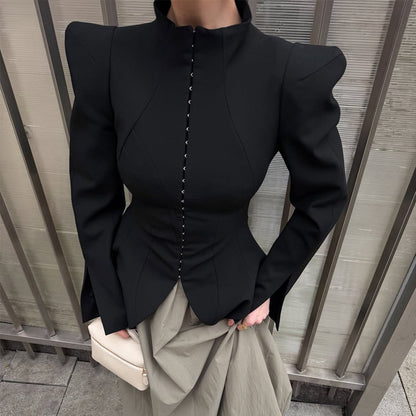 Women's Tailored Blazer with Sculptural Shoulders, Emphasized Waist and Pointed Peplum