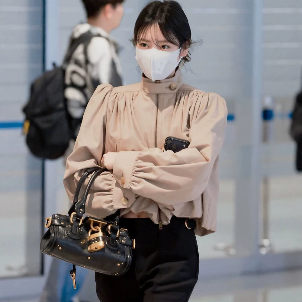 Women Lightweight Blouson Jacket with Balloon Sleeves and Stand-up Collar EVA-US