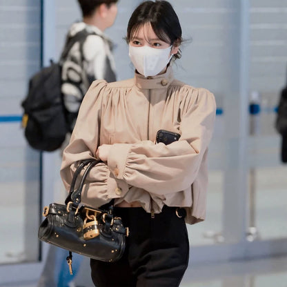 Women Lightweight Blouson Jacket with Balloon Sleeves and Stand-up Collar EVA-US