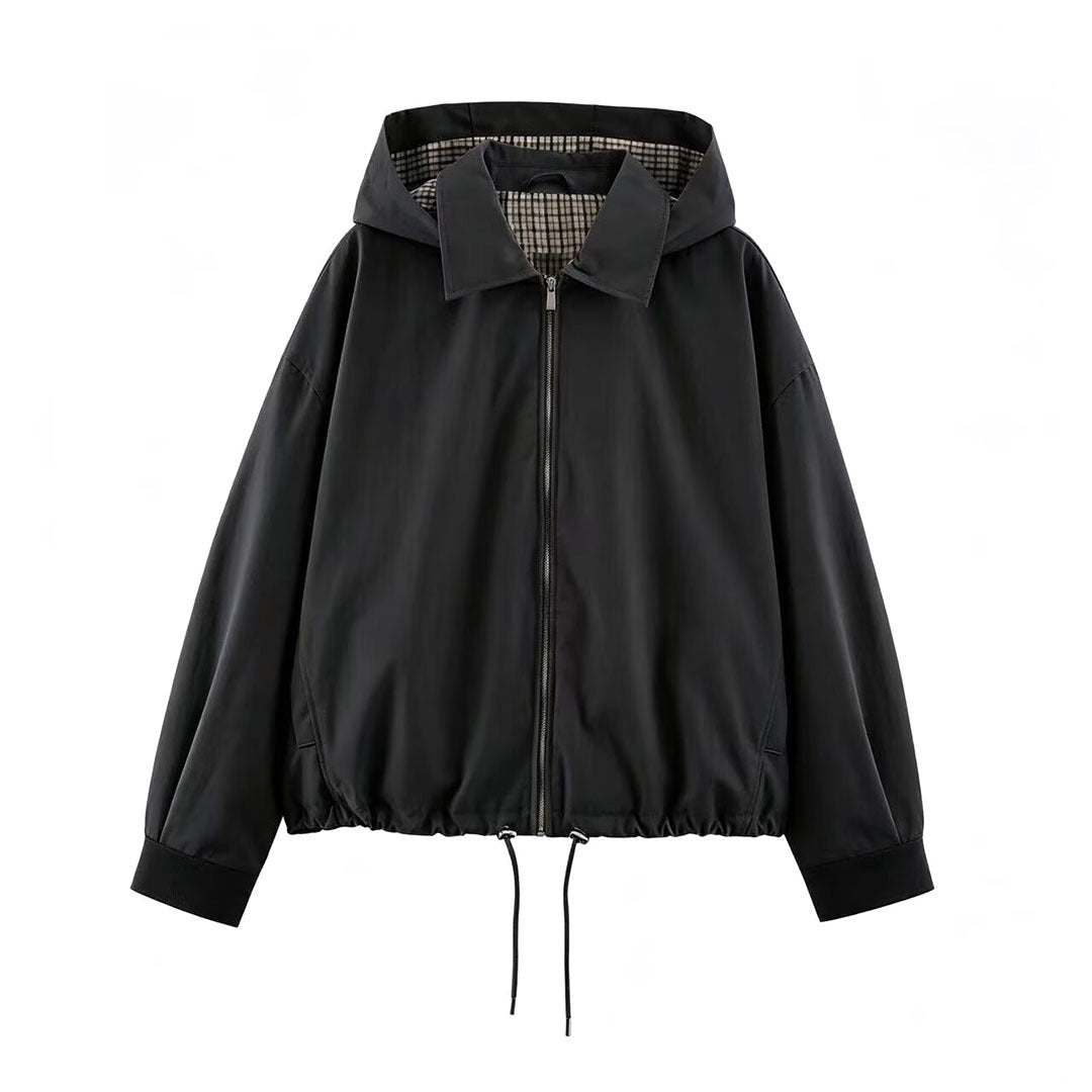 Women's Lightweight Hoodie Jacket in Cropped Oversize Fit with Drawstring Hem and Concealed Zipper EVA-US