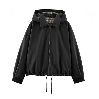 Women's Lightweight Hoodie Jacket in Cropped Oversize Fit with Drawstring Hem and Concealed Zipper EVA-US