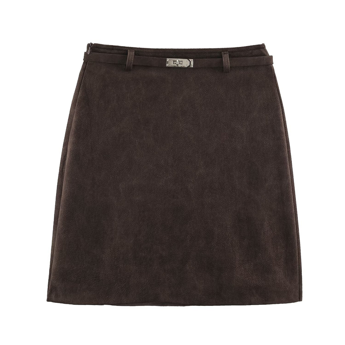 Women A-line mini skirt made of faux suede with narrow decorative belt EVA-US