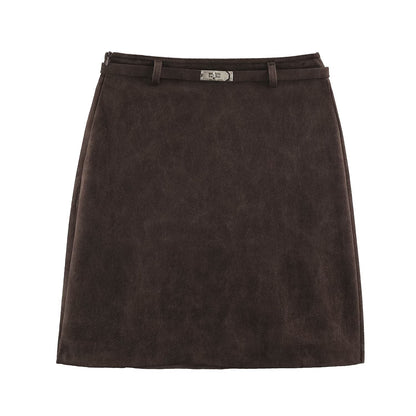 Women A-line mini skirt made of faux suede with narrow decorative belt EVA-US