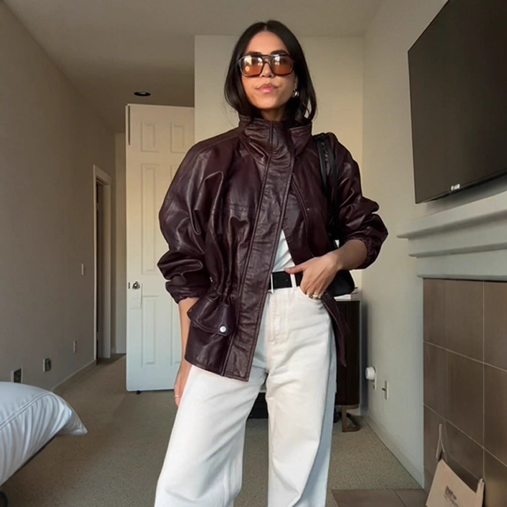 Women's Oversize Faux Leather Blouson with High Stand-Up Collar and Drawstring Waist