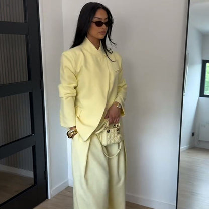 Women Two-Piece Oversized Blazer with Stand Collar and Wide Pleat Trousers EVA-US