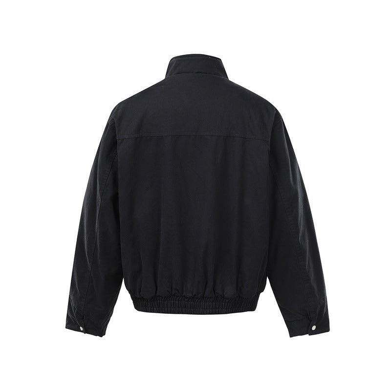 Men's Short Boxy Utility Bomber Jacket made of Canvas with Quilted Front Yoke and Stand-Up Collar EVA-US