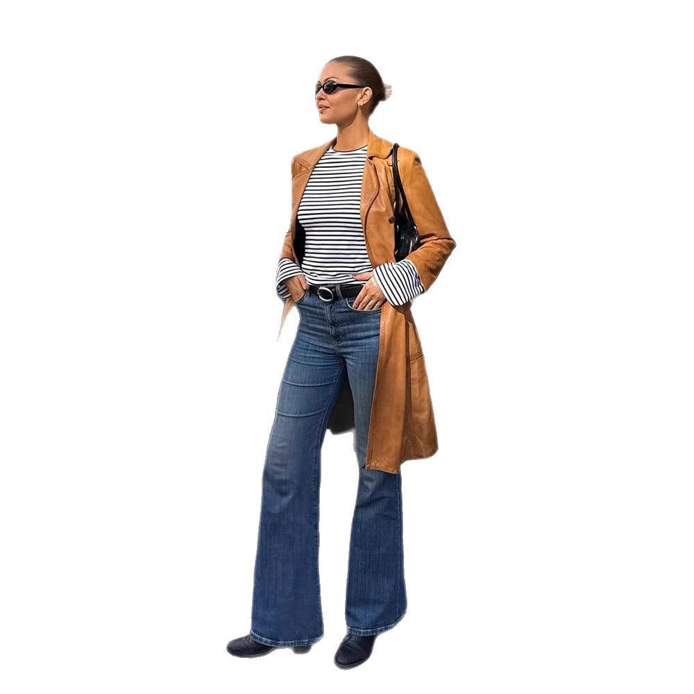 Women's Longer Tailored Leather Trench Coat with Double-Breasted Button Placket and Notched Collar EVA-US