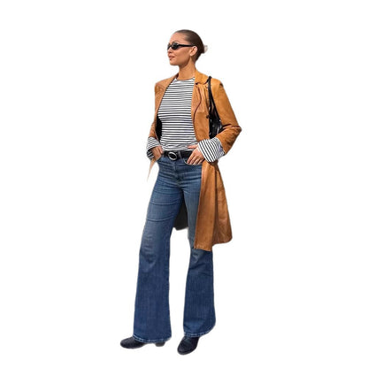 Women's Longer Tailored Leather Trench Coat with Double-Breasted Button Placket and Notched Collar EVA-US