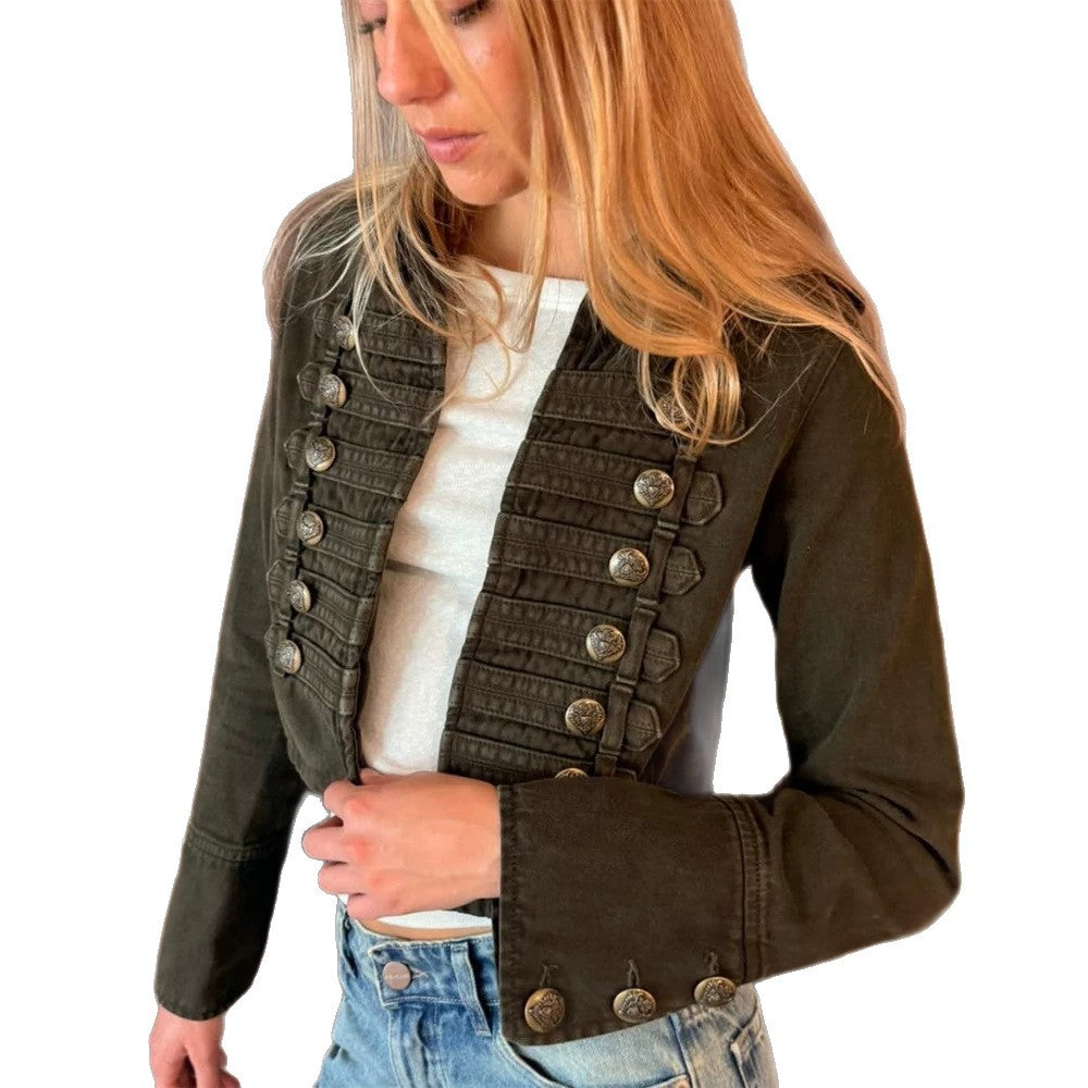 Women's military-inspired fitted short jacket with decorative pleats and metal buttons EVA-US
