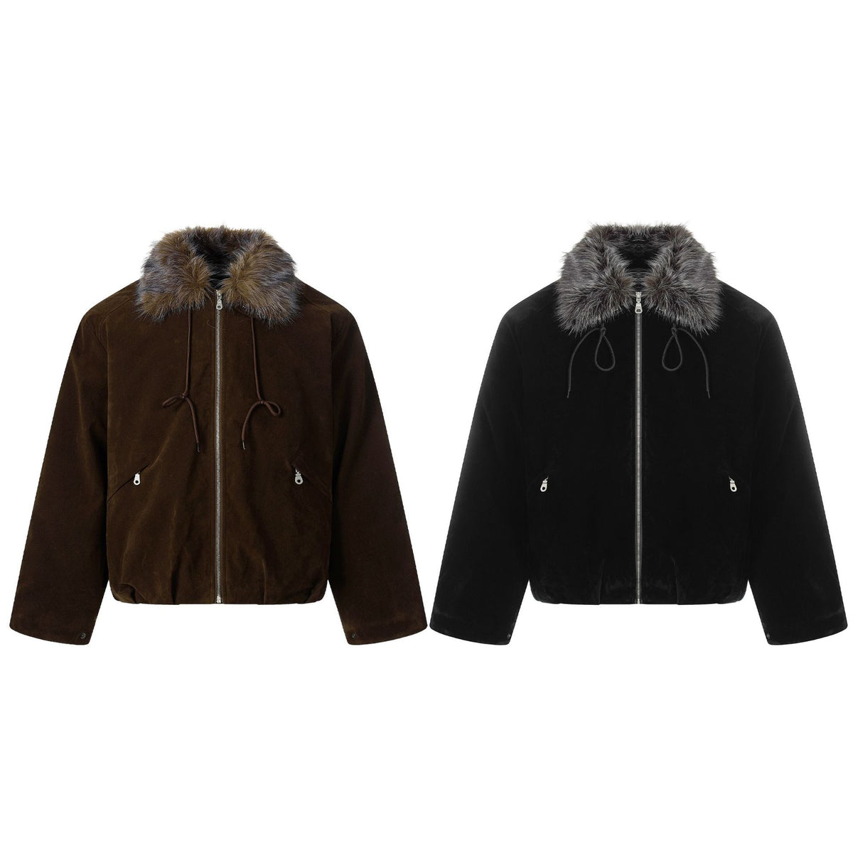 Men's Suede Bomber Jacket with Detachable Faux Fur Collar and Drawstring EVA-US