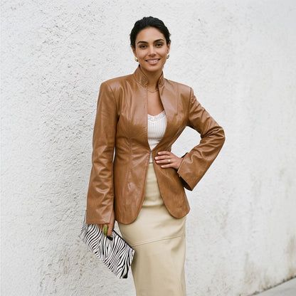 Women tailored vegan leather blazer with sculpted seams and stand-up collar EVA-US
