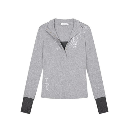 Women's Long Sleeve Polo Shirt with Stand-Up Collar, Button Placket and Note Print EVA-US