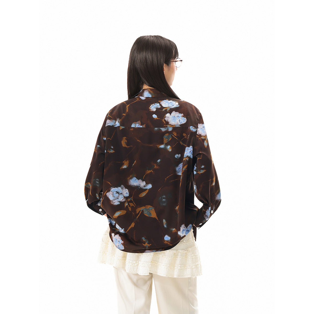 Women's Oversized Shirt Blouse with Abstract Flower Print and Patch Pocket EVA-US