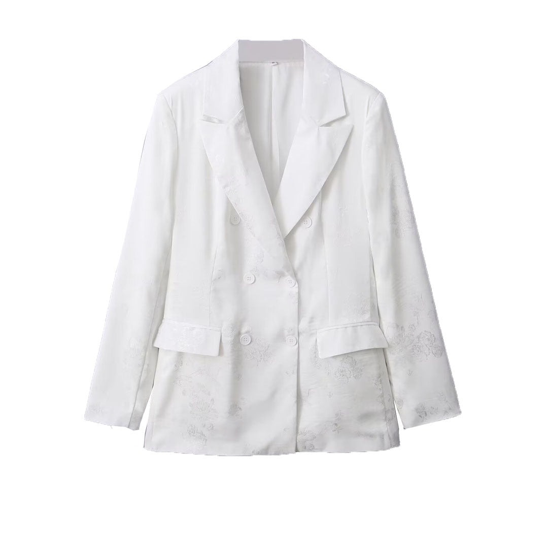 Women's Double-Breasted Satin Blazer with Floral Jacquard Pattern and Patch Pockets EVA-US