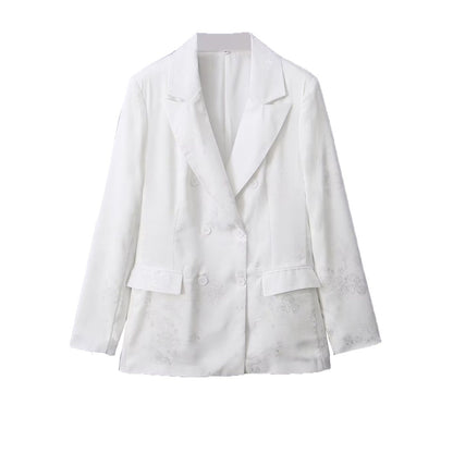 Women's Double-Breasted Satin Blazer with Floral Jacquard Pattern and Patch Pockets EVA-US