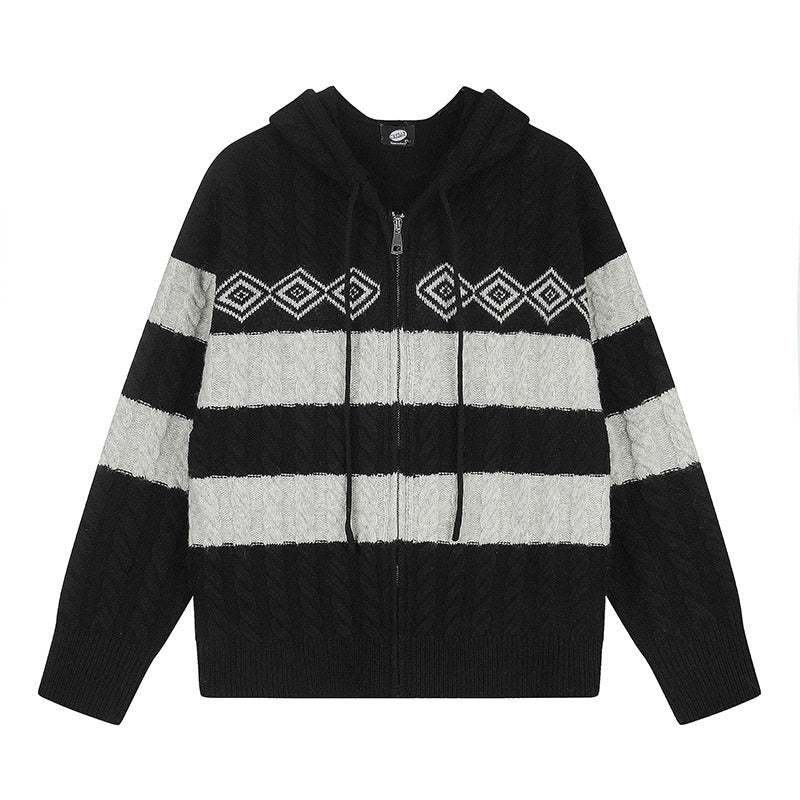 Women's chunky knit hooded cardigan with cable knit, block stripes, and full-length zipper EVA-US