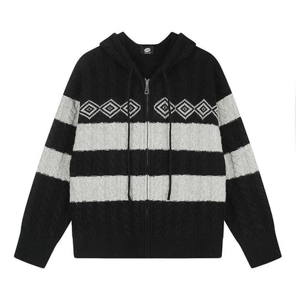 Women's chunky knit hooded cardigan with cable knit, block stripes, and full-length zipper EVA-US