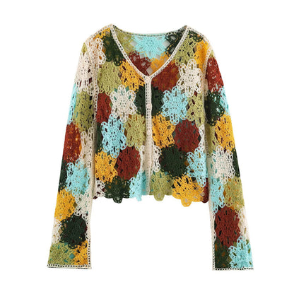 Women's Lightweight Crochet Cardigan with Floral Crochet Patterns and Button Placket EVA-US