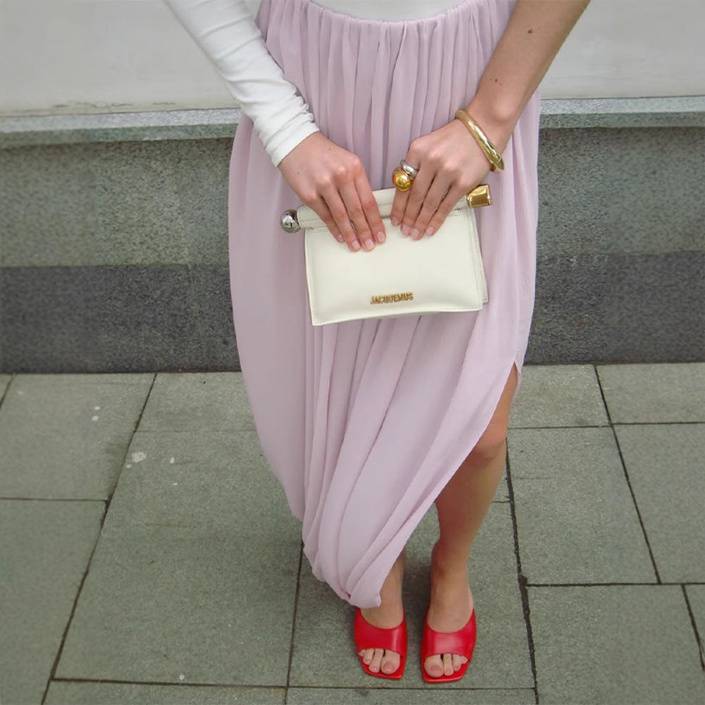 Women's Asymmetrical One-Shoulder Maxi Dress with Draped Top, Long Pleated Skirt and Leg Slit EVA-US